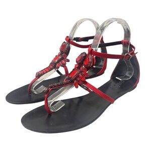 Schutz Scorpion Crystal Sandals 39 Red Suede T-Strap Flat Good Embellished